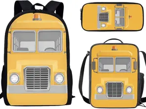 3D Cartoon Yellow School Bus Front 3PCS Kids Backpack Set, Waterproof Large Capacity School Bag with Insulated Lunch Box & Pencil Pouch, Realistic Cute School Bus Print Student Bookbag for Boys Girls Kindergarten Primary Students
