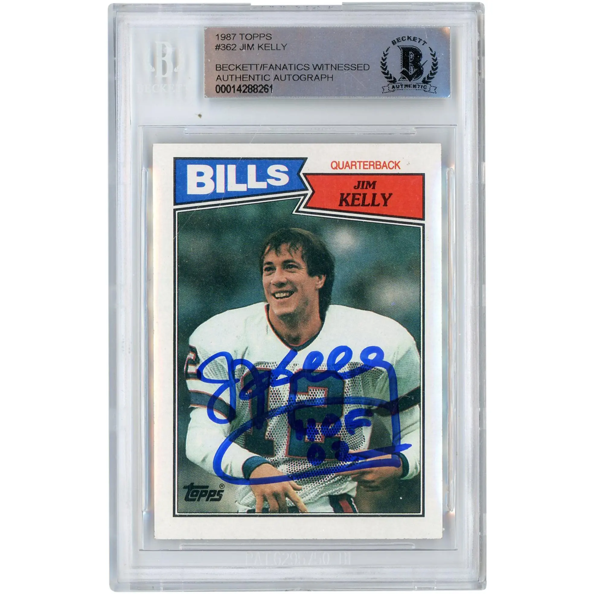Jim Kelly Buffalo Bills Autographed 1987 Topps #362 Beckett Fanatics Witnessed Authenticated Rookie Card with "HOF 02" Inscription - Fanatics Authentic Certified