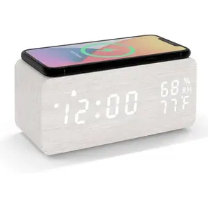 Digital Alarm Clock with 15W Wireless Charger, LED Bedside Desk Clock with Time Date Temperature Display, 12 or 24 h Format Dimmable Brightness Auto Night Mode, 3 Alarms Snooze Function for Bedroom Home Office Desk Decor