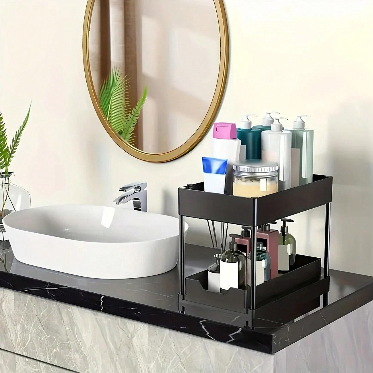 TAIMASI 2-Tier Under Sink Storage Organizer - 1pc Pull-Out Organizers With Slide Out Shelf And Metal Sliding Drawer For Kitchen, Bathroom, Pantry Cabinet, And Closet Organization - Space-Saving Solution For Maximizing Storage Capacity