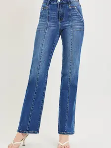 RISEN High Rise Straight Patch Pocket Seamed Jeans