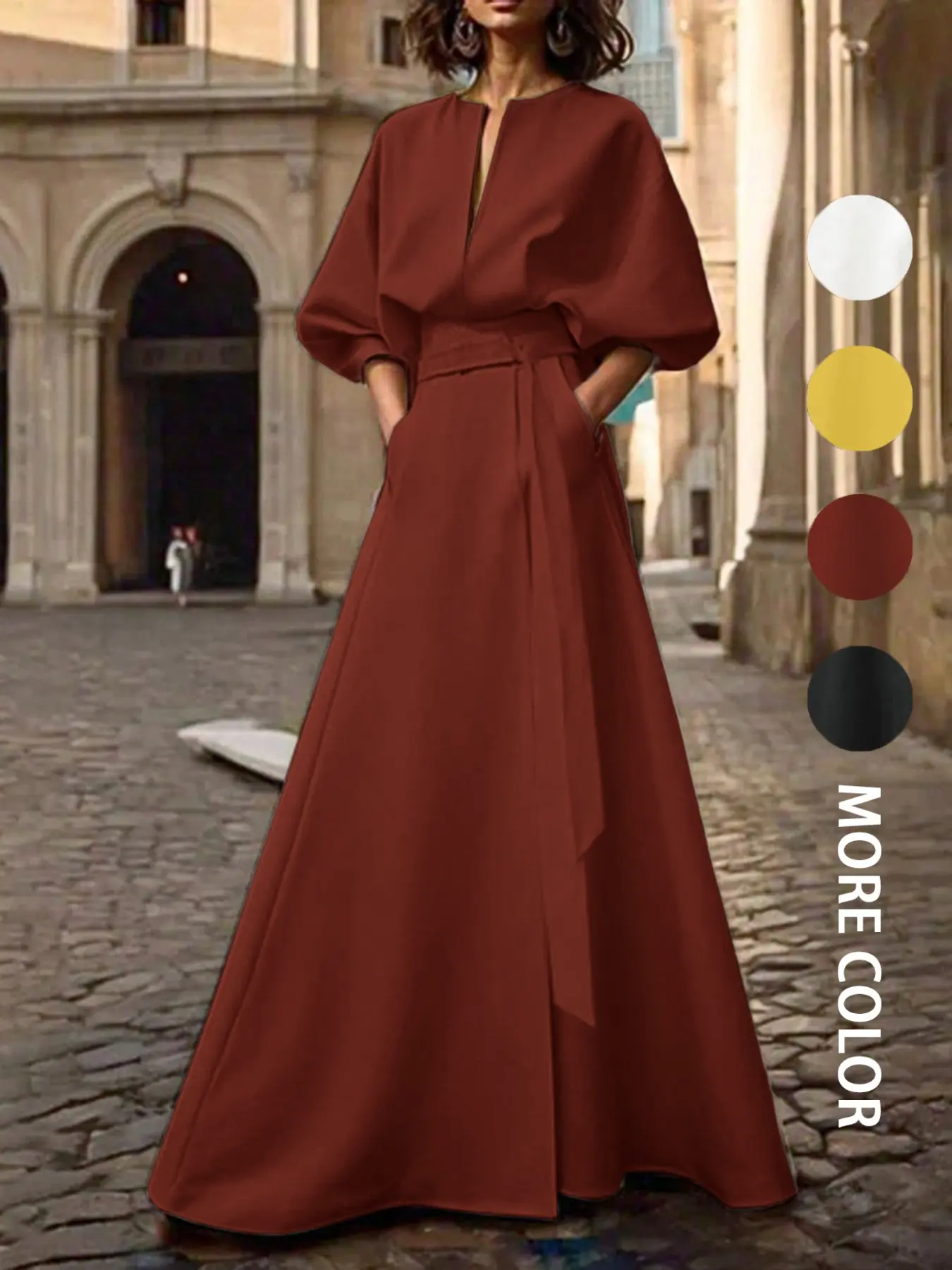 Women's V-Neck Batwing Sleeve Long Dress, Womenswear, Summer Casual A-Line Skirt with Pockets, Loose Fit Design, Versatile Fashion Chic Elegance for Various Occasions, Casual Elegant Dress, Casual Summer Clothing, Casual Classy Dress