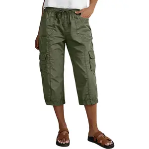 Flamingals Solid Flap Pocket Drawstring Mid Waist Straight Leg Capri Pants Stretchy 19.3'' Inseam
