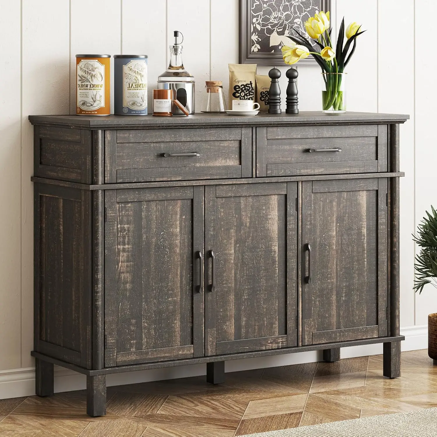 【SummerFinds】ONBRILL 48-Inch Classic Sturdy Farmhouse Sideboard Buffets Cabinet - Thick-Leg Assembly Required Unit (Above 25 kg) with 2 Drawers, 3 Doors, Adjustable Shelves, Wood Storage for Kitchen, Living Room