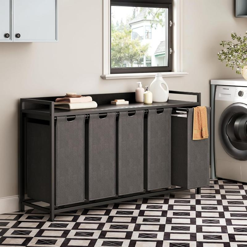 Laundry Hampers with Shelf, Laundry Basket 3 Section, Laundry Sorter with Pull-Out Removable Large 3 Color Bags and Movable Wheels, Metal Frame, 3 x 15.87 Gallons (60L), Rustic Brown PF04XLN