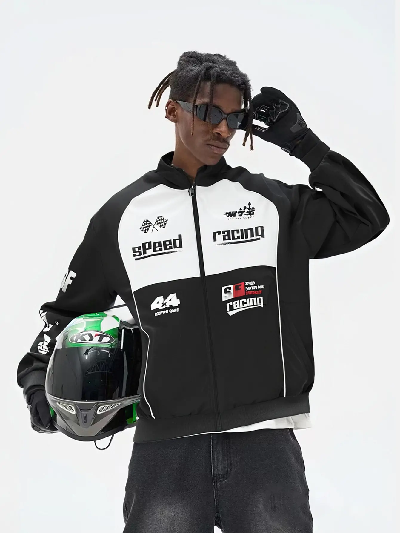 Men’s American motorcycle racing jacket — color-block printed vintage riding jacket with stand collar