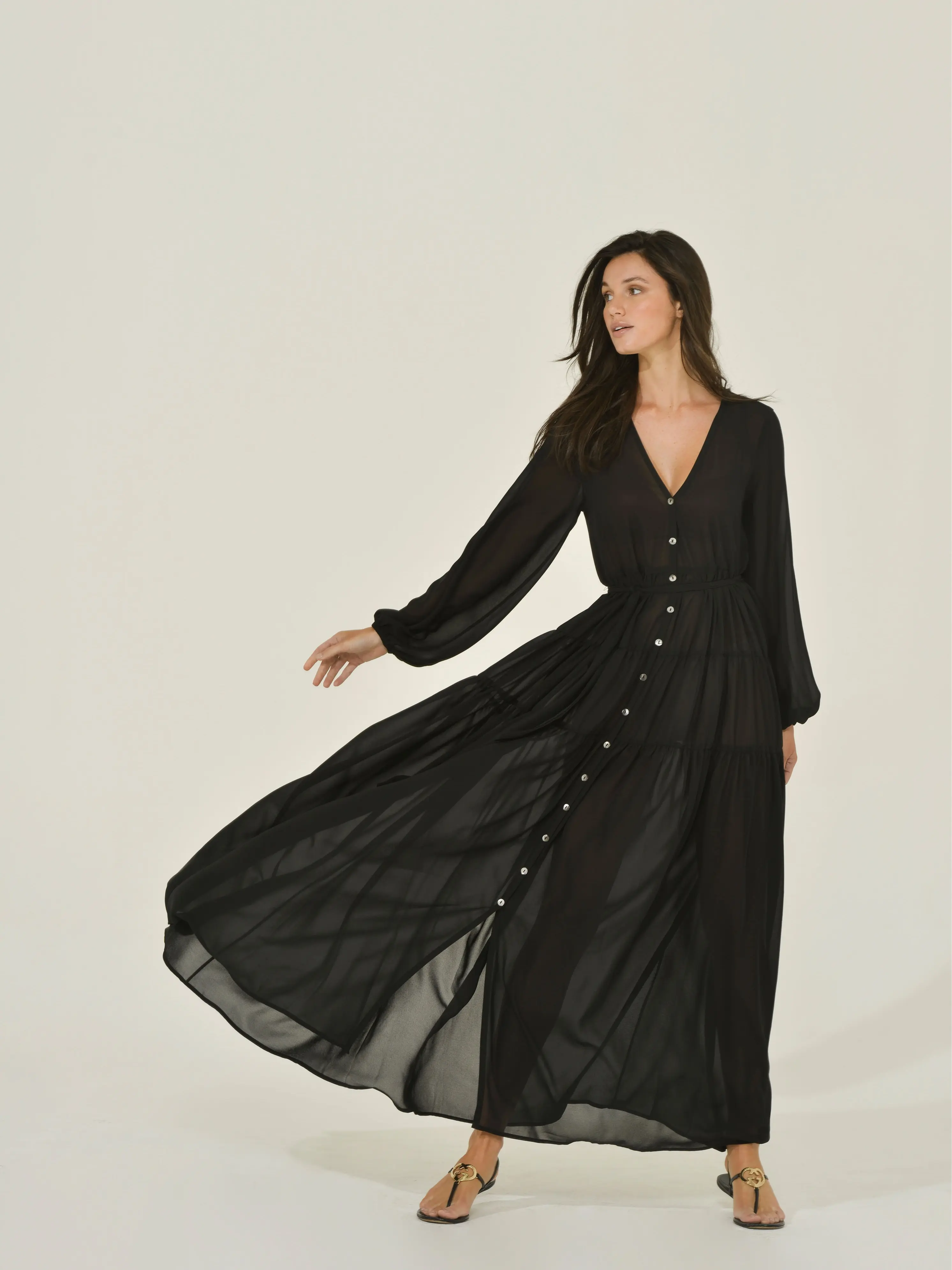 Long-sleeve Black Chiffon Maxi Dress, Swimsuit Coverup, Cape, Ritual Dress, Eco, American-Made, Goddess Dress, Womenswear