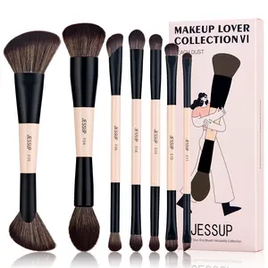Jessup 7 Pcs Double Sided Makeup Brushes for Foundation Concealer Blush Eyeshadow Contour Powder Blending Eyeliner Cosmetics, Cruelty-Free Brushes Peach Dust T600