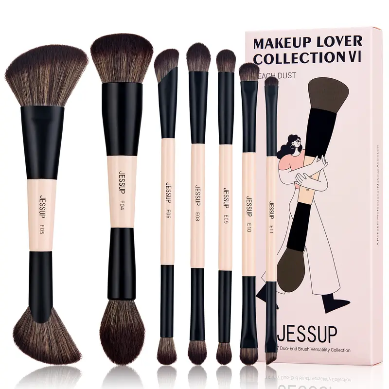 Jessup 7 Pcs Double Sided Makeup Brushes for Foundation Concealer Blush Eyeshadow Contour Powder Blending Eyeliner Cosmetics, Cruelty-Free Brushes Peach Dust T600
