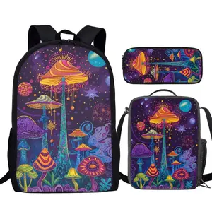 Mysterious Space Magic Mushroom Print 3-Piece Set Backpack: backpack, lunch bag, storage pouch, cute pencil case | Y2K retro nylon backpack with back support for stress relief, suitable for boys and girls in grades 1–6 (ages 8–12).