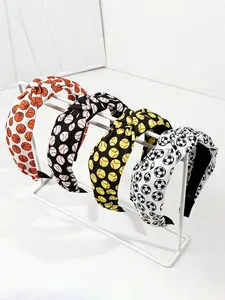 4pcs World Cup Sports Style Basketball Football Baseball Print Fabric Hairbands, Wide Edge Knot Headband Daily Versatile Hair Accessory
