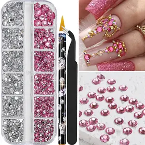 12-Grid Nail Art Glitter Drill Set with Dotting Tool and Tweezers, Multi-Sized Flat Back Drills for Nails, Phone Cases, DIY Crafts