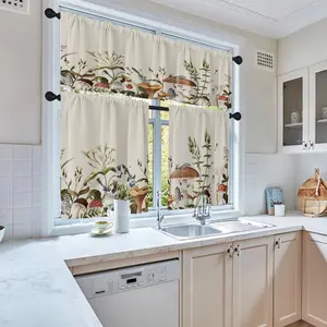 3pcs Colorful Mushroom Kitchen Window Curtains Valance And Tier Set 36 Inch, Plant Herbs Flower 3pcs Window Treatment Tiers for Living Room Bedroom Vintage Kitchen Decor Drapes Foldable Divider