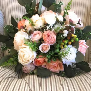 Peach wedding flower bouquet artificial flower bouquet greenery bridal bouquet bridesmaid bouquet