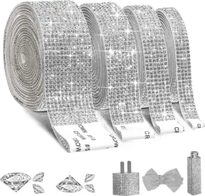 4 Rolls Self-Adhesive  Rhinestone Ribbon,  Bling Ribbons with 2 mm Rhinestones Sticker for Arts Crafts Wedding Birthday Party DIY Event  Phone Decoration()