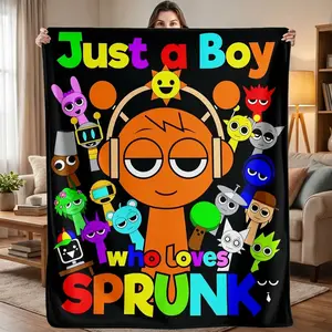 Incredibox Sprunki Mod Flannel Blanket, "Just a Boy Who Loves Sprunk" Cartoon Collage Throw, Ultra Soft Cozy Blanket for Fans