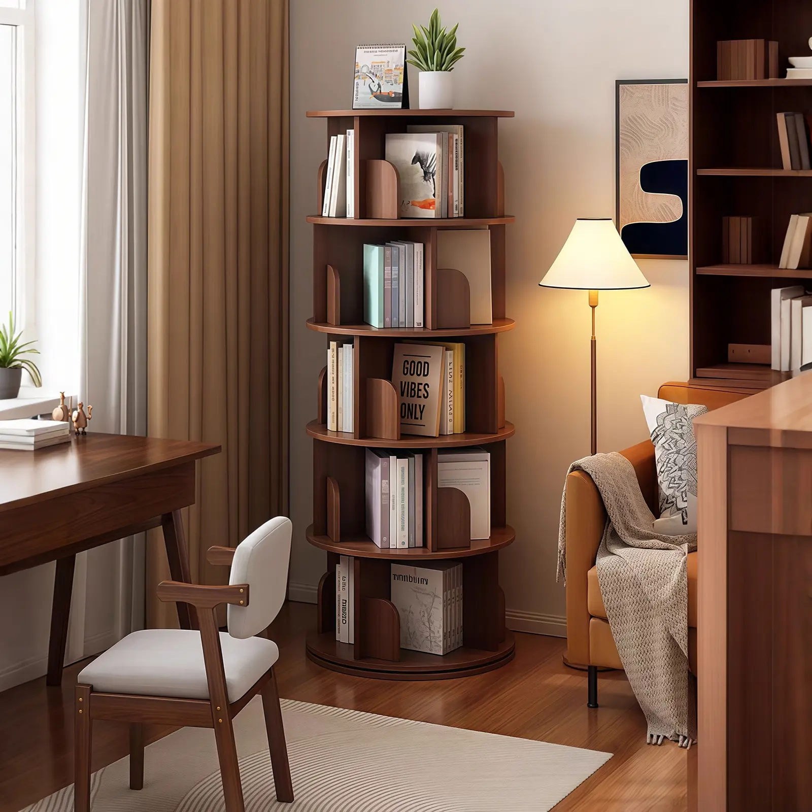 Natural Wood 5-Tier 360° Rotating Round Walnut Bookshelf Tower, Durable Modern Curio Shelf, Space-Saving Assembly Required Display Rack for Bedroom, Office Furniture
