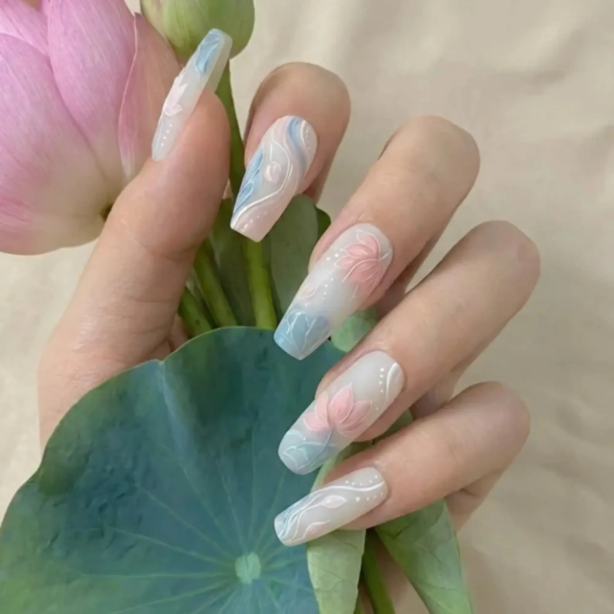 Zen Blossom Lotus Press-On Nails | Luxury Matte Floral Bridal Art