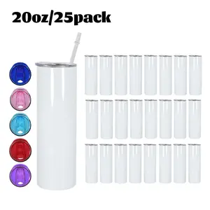Crafix 25-Pack 20oz Sublimation Ready Skinny Blank Tumblers, Modern Stainless Steel Double Wall Vacuum Insulated Water Bottles with Leakproof PP Lids & Straw, US Warehouse Stock
