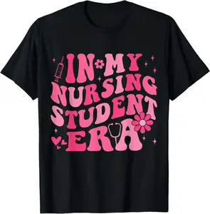 Menswear 100% Natural Cotton Short-Sleeve Graphic T-Shirt, Unisex "In My Nursing Student Era" Groovy Design for Future Nursing School Students