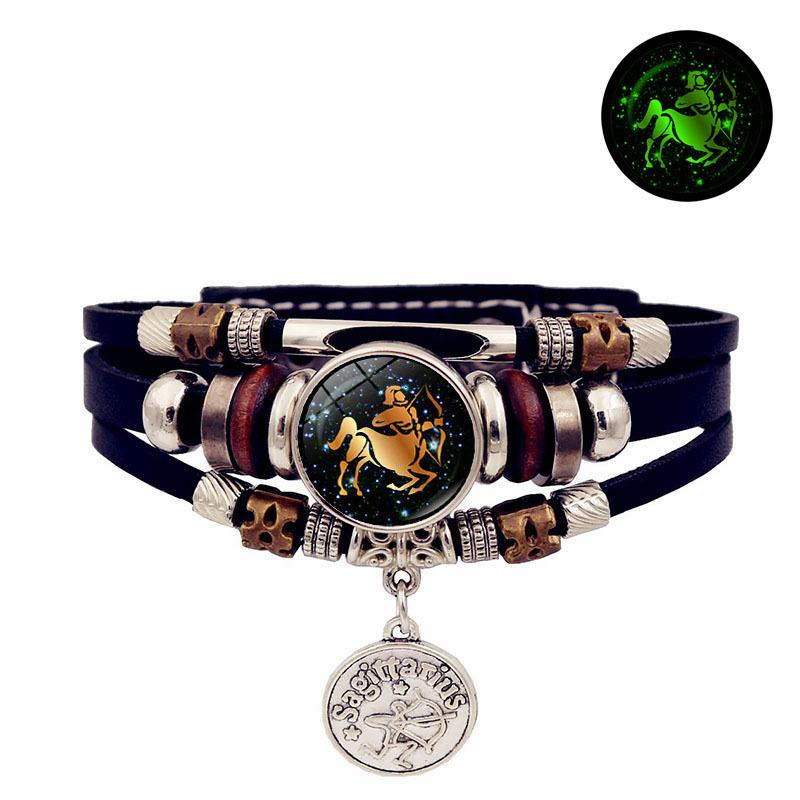 Twelve Zodiac Glow-in-the-Dark Bracelets Retro Punk Style Multi-Layer Beaded Leather Bracelets Wholesale