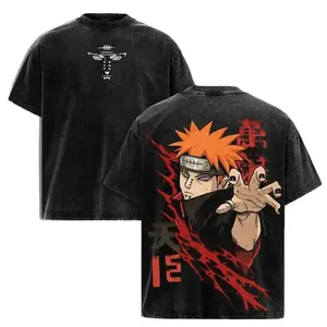 Men's Nagato Akatsuki Rinnegan Vintage Washed Heavy Cotton Oversized Hoodie - Naruto Shippuden Menswear, Casual Round Neck Short Sleeve Soft Fabric Apparel, Double Printed Retro Unisex Streetwear Graphic Top 8I2 JEX