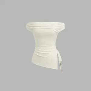 Cider Off-shoulder Ruched Knotted Asymmetrical Hem Top