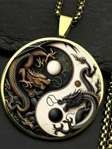 Double Dragon Tai Chi Bagua Pendant Necklace - Zinc Alloy Glass Dome, A Chinese Tai Chi Mythological Dragon Jewelry, An Excellent Gift for Feng Shui Enthusiasts and Dragon Lovers, Suitable for Daily Wear and Spiritual Protection.