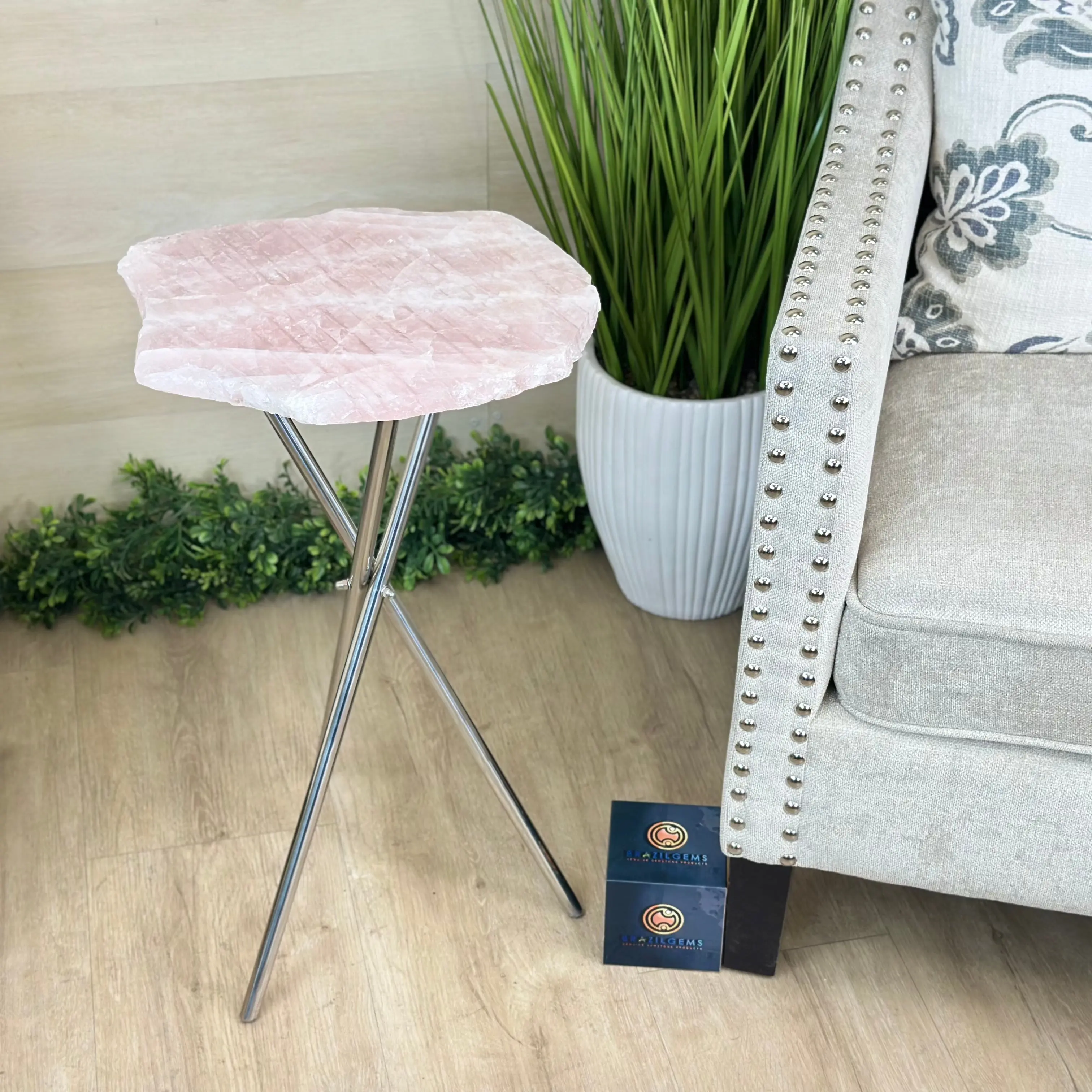 Natural Rose Quartz Side Table on Chrome Metal Base, 24.4" Tall #1341RQ-004