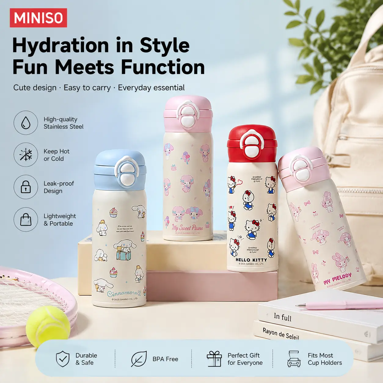 MINISO Sanrio Dual‑Drink Stainless‑Steel Thermos, Cute Compact Portable Leak‑Proof Water Bottle, Dual‑Use Drinking Design, Available In Hello Kitty, My Melody, Kuromi & Cinnamoroll Styles, Kids' Back‑to‑School Gift Flask Tumbler Drinkware