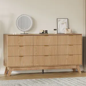57.1" Fluted Dresser with 9 Drawers, Modern Chest of Drawers with Large Waterproof Top, Wooden Dresser TV Stand, Long Closet Clothes Storage Organizer for Bedroom Living Room, Oak