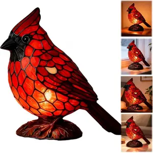 Red resin bird desk lamp featuring handcrafted stained glass design. This Zhuque (Vermilion Bird) decorative light is perfect for home, office desk, or bedroom ambiance. Ideal for Christmas decor. (1 piece) Illuminated Lantern