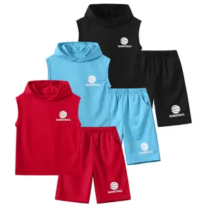 #SummerVibes 6-Piece Set: Boys' Spring/Summer Hooded Sleeveless Sports Top and Shorts Set-Casual, Comfortable, Summer Basketball Wear for Boys, Versatile and Breathable