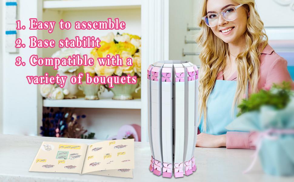 TENHORSES Pink Vase for Lego Flower Bouquet Building Decoration Set and Artificial Flowers, Ideal for Valentine's Day Gifts for Girls Box Decorative Colorful Fruit Plants Ornaments