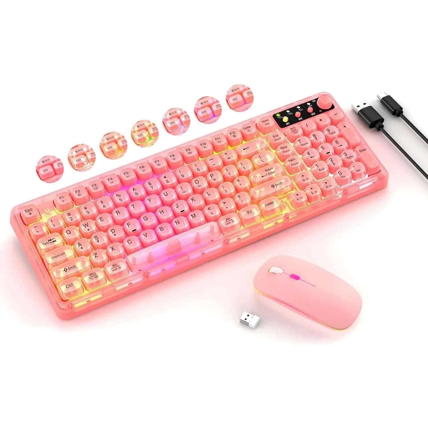 Pink Wireless Backlit Transparent Keyboard and Mouse Set - 2.4Ghz Cordless Rechargeable, 15 Backlight Effects, Volume Knob, RGB Numbered Mouse with 3 DPI, for Work Laptops, Mac PC Desktops
