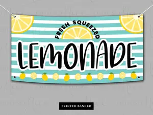 Fresh Squeezed Lemonade Printed Vinyl Banner with Lemons and Striped Background with Metal Grommets - Ships Fast!