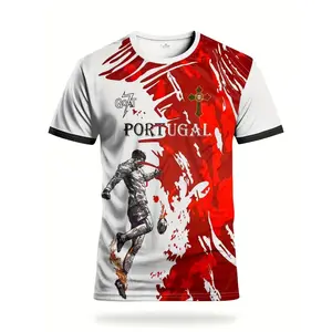 Portugal Men's Sports Shirt & Breathable Round Neck Tee, Football Print, Soccer Jersey, Lightweight Sweat-Wicking Fabric, Casual Fit, All Seasons, Breathable Athletic Top