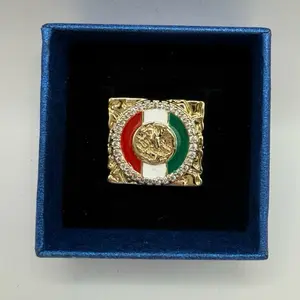14k Gold Plated Mexican Ring with Flag Design and Rhinestone Accents in Elegant Blue Box
