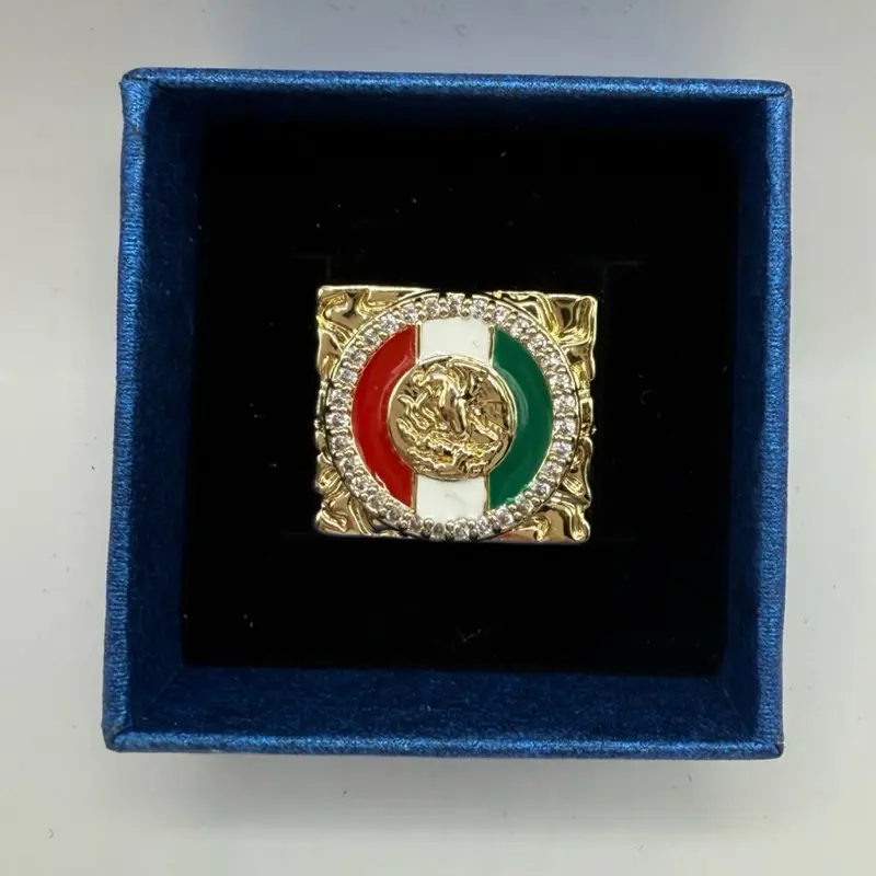 14k Gold Plated Mexican Ring with Flag Design and Rhinestone Accents in Elegant Blue Box