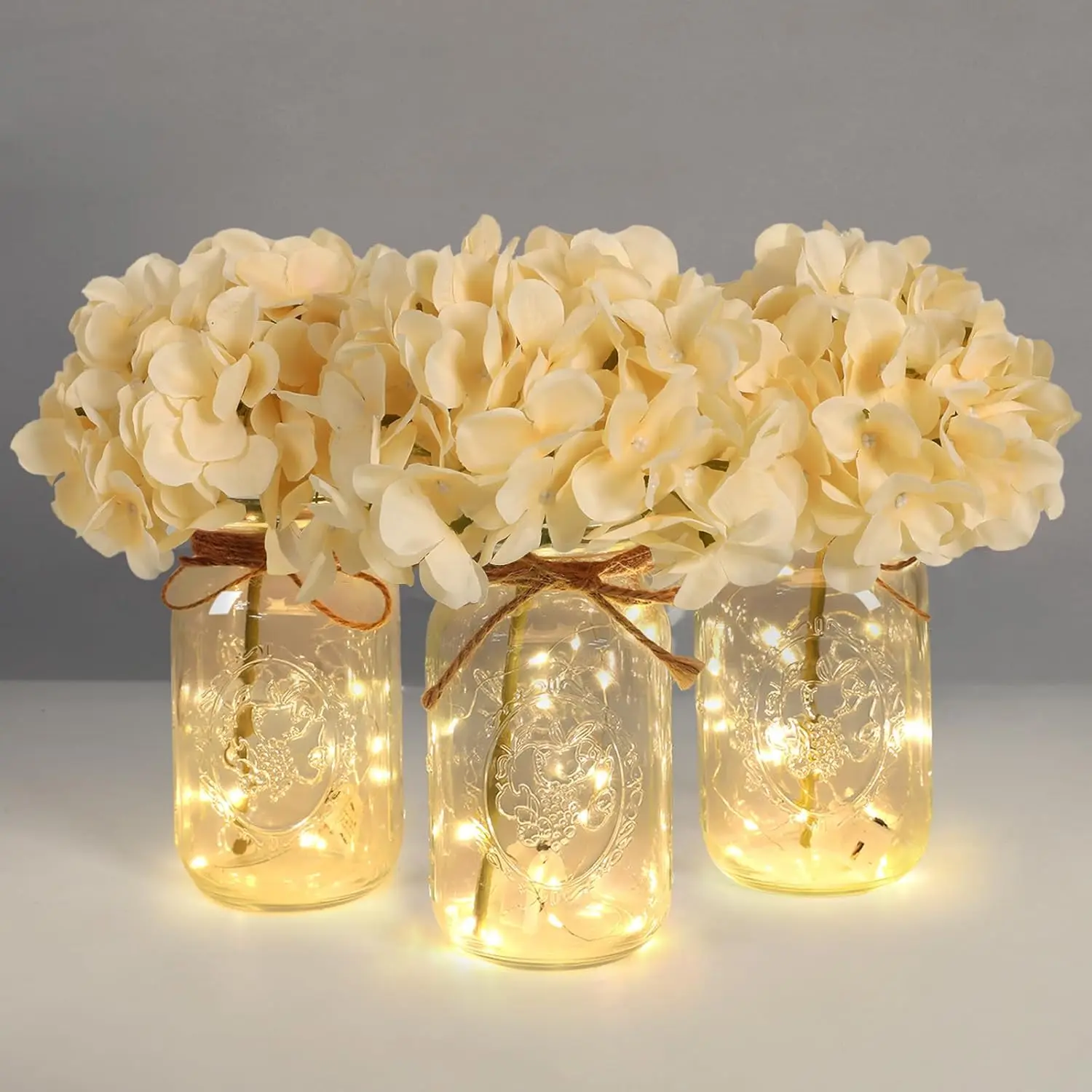 Rustic Luminous Glass Mason Jar Lights Centerpiece Set - 3-Pcs Decorative Vases with Synthetic Warm Light for Kitchen, Modern Home Decor, Holiday Accents