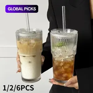 Glass Coffee Mug Set with Lid and Straw, Tumblers, Drinkware, Glassware Set, Vertical Striped Design, Transparent Stripe Glass, 13.53oz and 20.29oz, Versatile Cup Sizes, Perfect for Iced Americano, Latte and Water, Glass Drinking Cups #GLOBAL PICKS