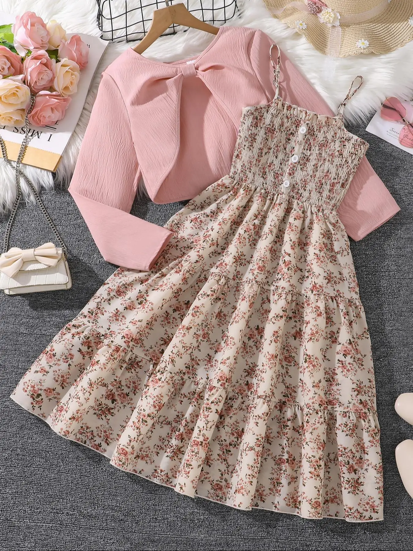Two-Piece Set Girl's Floral Print Shirred Crop Top & A Line Dress Set, Elegant Fashion Casual Long Sleeve Top & Dress for Daily Outdoor Wear, Girls Cl
