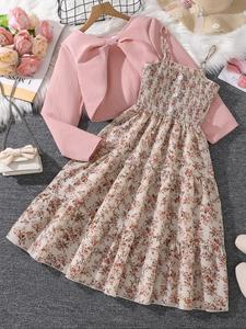 two-piece set girl's floral print shirred crop top & a line dress set, elegant fashion casual long sleeve top & dress for daily outdoor wear, girls clothing for fall & winter