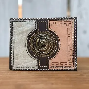 Brown Wallet with Half Genuine Cowhide, Half Leather and Metallic Horse and Horseshoe | Made in Mexico