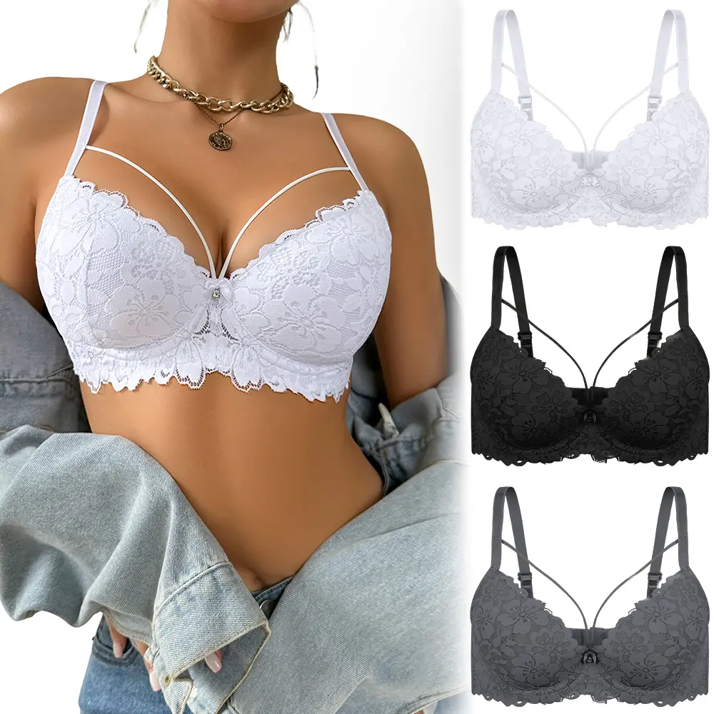 TryWish 3PCS Women Floral Lace Comfort Bra Comfortable 3/4 cup Bra  Underwire Supportive Deep V Everyday Tshirt Bra
