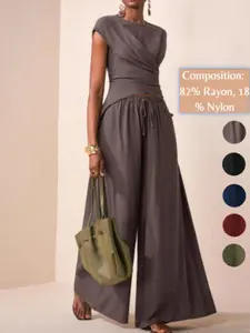 Women's Cotton Blend Crop Top Set, Slim Fit Sleeveless Blouse & Casual Long Pants, Plain Design for All Seasons, Comfortable Daily Wear