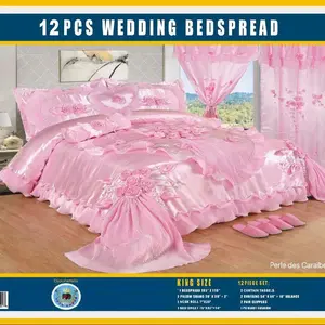 Luxurious 12 Piece Wedding Bedspread King Size Satin with 3D Flower Embroidery and Ruffle Design