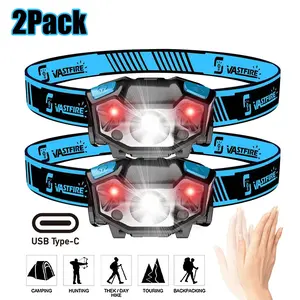 VASTFIRE 5-Mode Motion Sensor Headlamp with Red Safety Light - 300LM Hands-Free, 70° Tilt, USB-C Rechargeable for Hiking, Camping, Auto Repair, Emergency Riding, and Night Fishing (White/Red Dual Light).