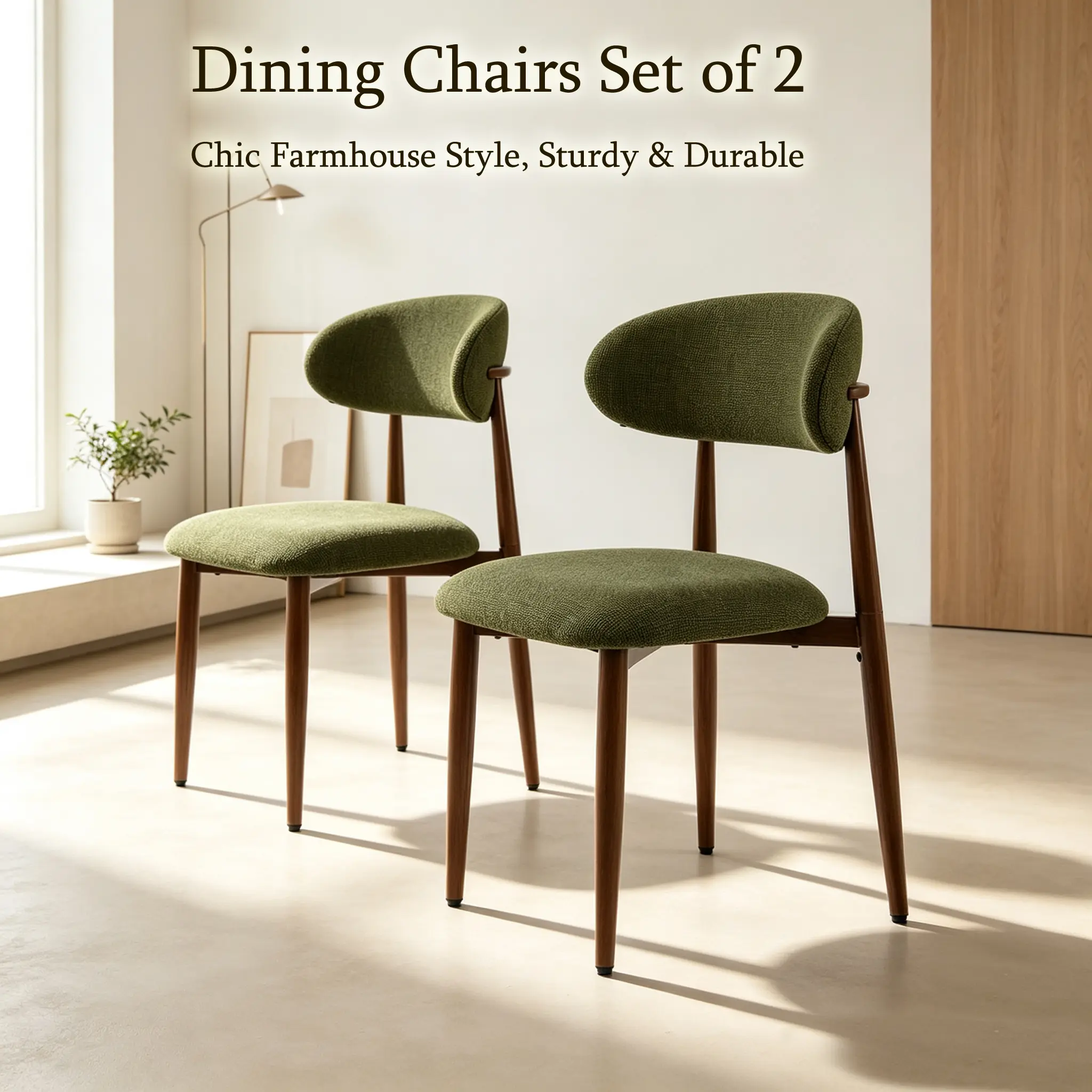 Armless Modern Dining Single Seats Set of 2, Upholstered Fabric Kitchen  with Woodgrain Metal Frame, Farmhouse Style, 250lbs Max Load, Space-Saving for Small Apartments & Breakfast Nooks, Green Indoor Chiavari  with Curved Backrest  chair