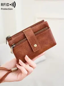 Ladies' 30% off short wallet, RFID anti-theft, large capacity PU material, multifunctional design, with ID card window, mini lightweight zipper pocket wallet, suitable for cash and credit cards, fashionable gifts for birthdays and anniversaries